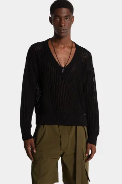 Open-Knit V Neck Pullover